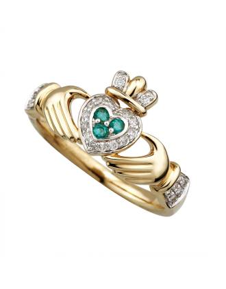 Emerald Engagement Claddagh Ring With Diamonds