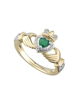 Created Emerald Claddagh Ring With Diamonds 14k Gold