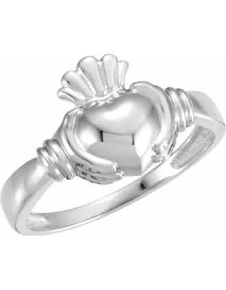 14k White Gold Claddagh Ring with Fluted Crown