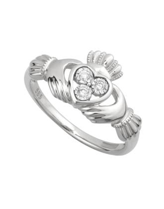 14K White Gold Diamond Claddagh Ring