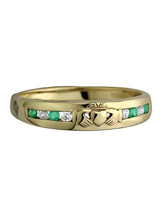 14K Yellow Gold Diamond Emerald Anniversary Claddagh Ring