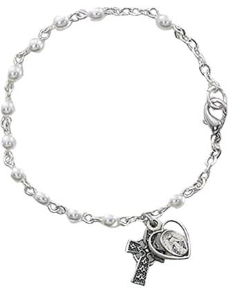 Silver Celtic Cross Pearl Rosary Bracelet