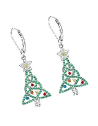 Celtic Christmas Tree Earrings Green CZ Sterling Silver