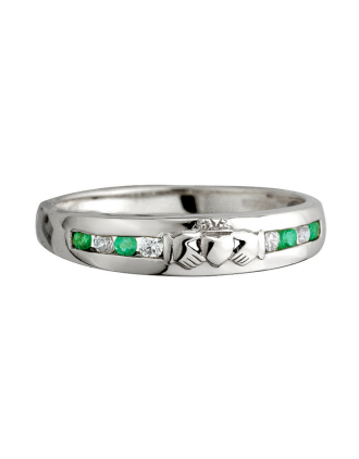 Diamond and Emerald Claddagh Ring 14k White Gold