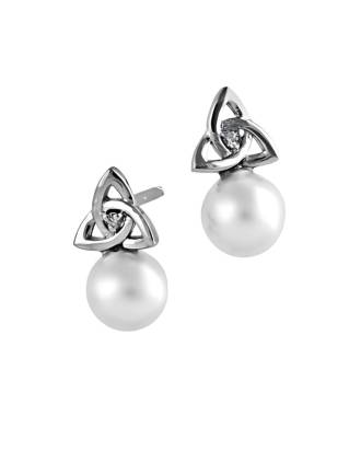 Diamond Trinity Knot Pearl Earrings Sterling Silver