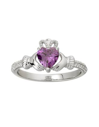 Claddagh Ring Birthstone Ring February Amethyst and CZ