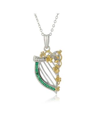 Irish Harp Necklace With Shamrocks - Gold & Silver