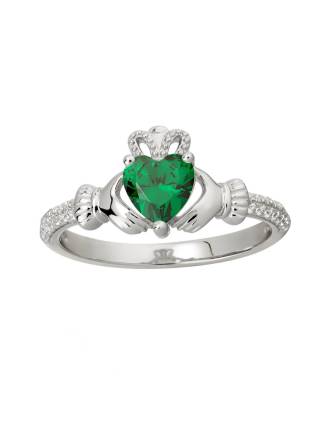 Claddagh Ring Birthstone Ring May Emerald and CZ