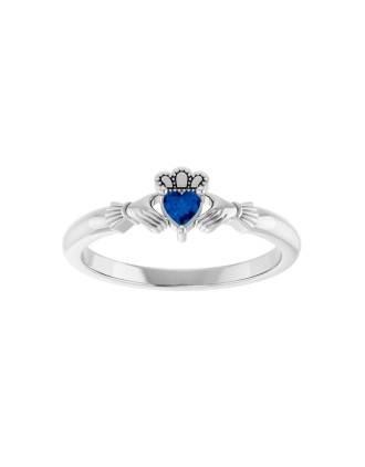 10K White Gold Natural Sapphire Heart Claddagh Ring