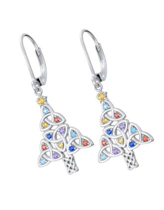Celtic Trinity Knot Christmas Tree Earrings Multicolor CZ Sterling Silver