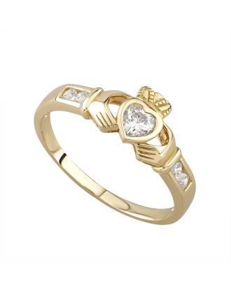 9K Yellow Gold CZ Claddagh Ring