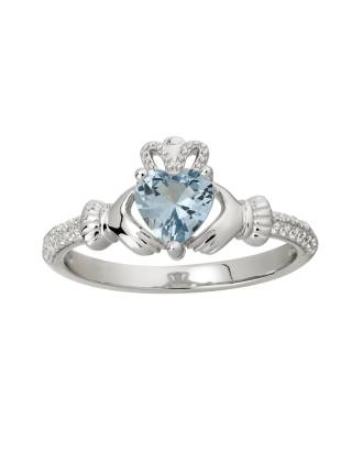 Claddagh Ring Birthstone Ring March Aquamarine and CZ