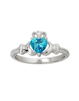 Claddagh Ring Birthstone Ring December Blue Topaz and CZ