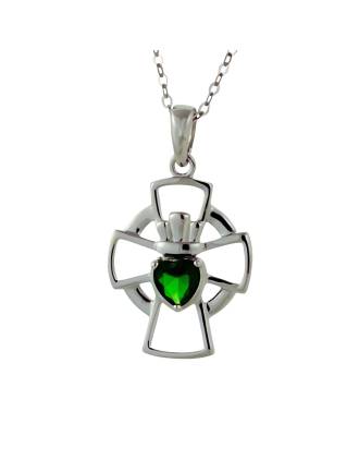 Emerald CZ Claddagh Cross Necklace Sterling Silver