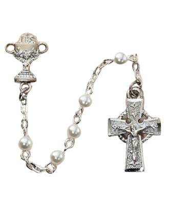 White Pearl Celtic Communion Rosary Beads with Celtic Cross