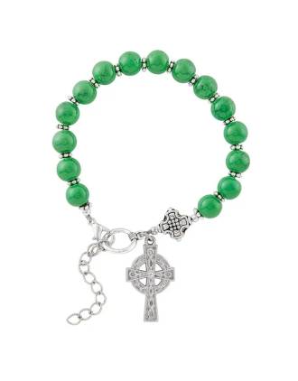 Irish Green Bead Bracelet With Celtic Cross