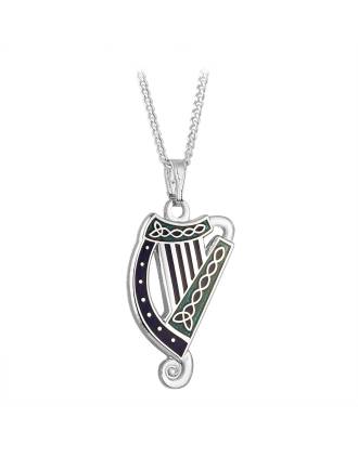 Rhodium Blue Enamel Harp Pendant