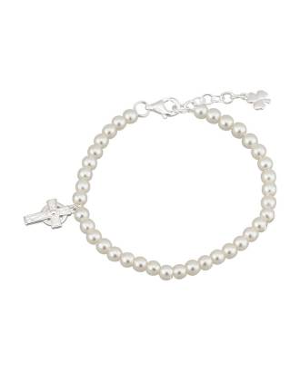 Rhodium Plated Pearl and Celtic Cross Childs Bracelet