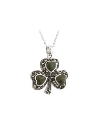 Silver Connemara Marble Marcasite Shamrock Pendant