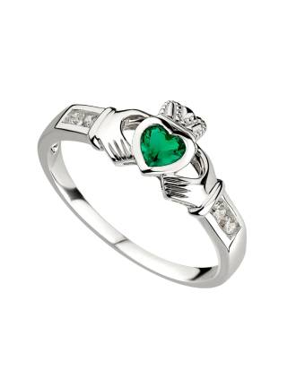 Emerald CZ Claddagh Ring in Sterling Silver Bezel Set