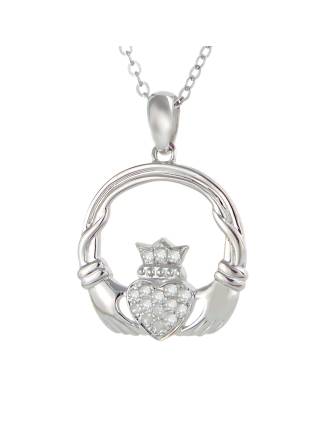 Sterling Silver Diamond Claddagh Necklace Pave Heart