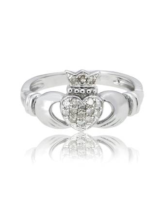 Sterling Silver Ladies Pave Diamond Claddagh Ring