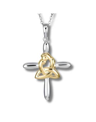 Two Tone Celtic Mothers Knot Cross Necklace Gold Over Silver