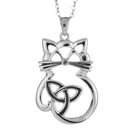 Celtic Cat Necklace Sterling Silver Diamond Accent by The Irish Jewelry Company