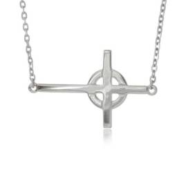 Celtic Sideways Cross Necklace in sterling silver with a modern horizontal Celtic cross and halo by The Irish Jewelry Company